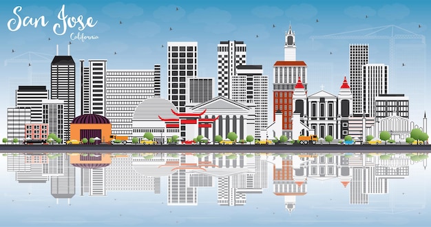 San Jose California Skyline with Gray Buildings, Blue Sky and Reflections.