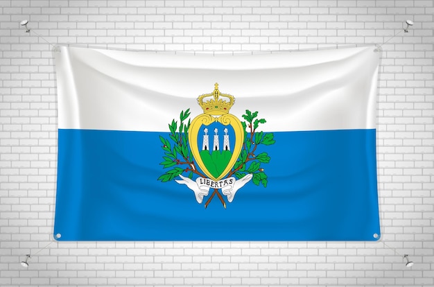 San Marino-vlag die op bakstenen muur hangt. 3D-tekening. Vlag aan de muur bevestigd.