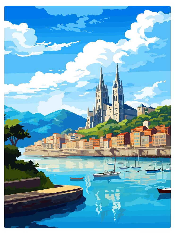 Vector san sebastian spain vintage travel poster souvenir postcard portrait painting wpa illustration