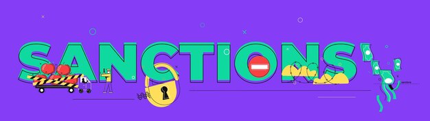 Vector sanctions composition with flat text and icons of locks prohibition signs barrier lines and barbed wire vector illustration