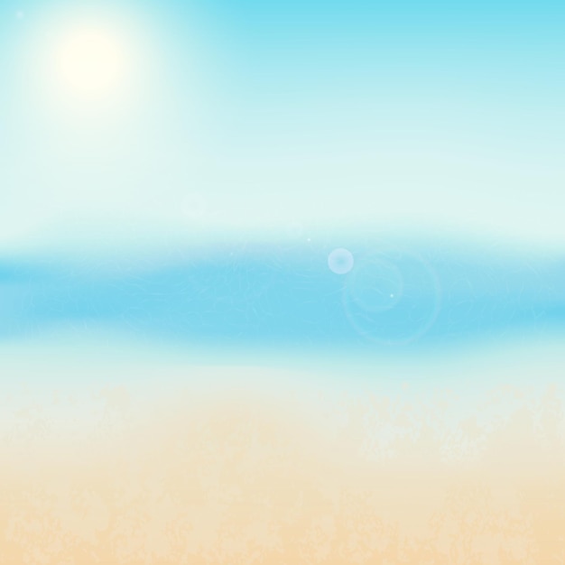 Sand beach over blue sea and sky with sun light flare