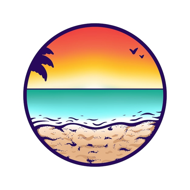 Vector sand beach sea or ocean summer sunset tropical palm tree and birds vector illustration