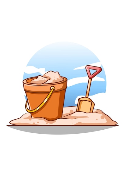 Sand and bucket in beach in summer cartoon illustration