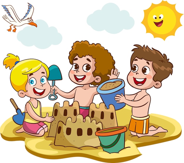 Sand castle Boy girl build home on beach Cartoon children playing on vacation flat cute kids