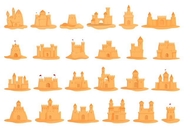 Sand castle icons set cartoon vector Water figure