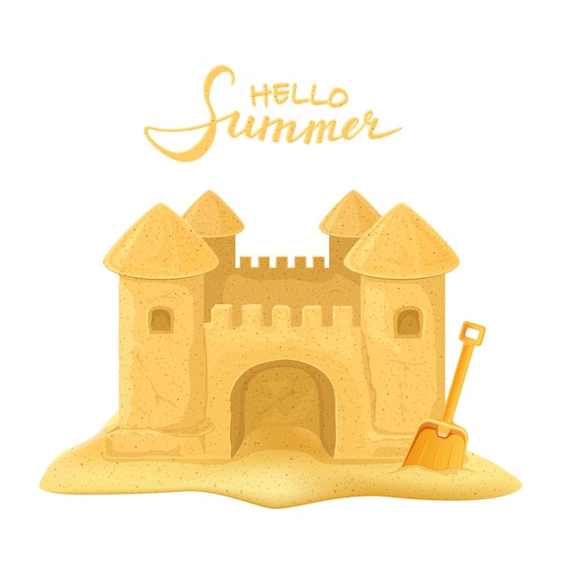 Vector sand castle with orange shovel and lettering hello summer isolated on white background illustration