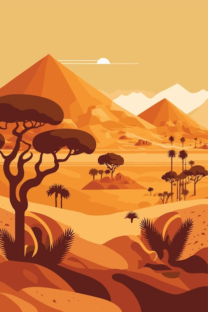 Vector sand desert landscape in sunset with cactus and mountains flat color vector