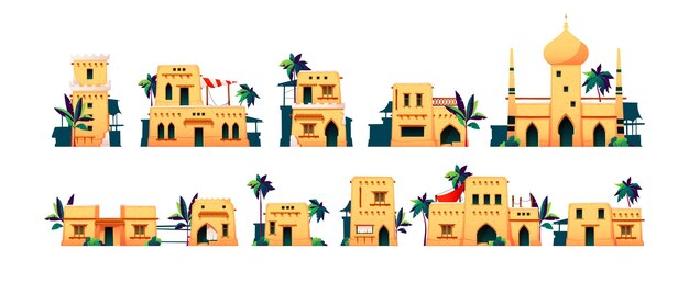 Sand houses Cartoon old arabic mud brick architecture traditional middle east residential buildings with palm trees and muslim mosque Vector flat set