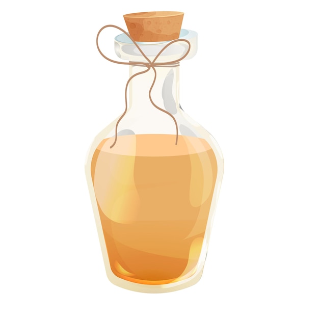 Vector sandal oil in bottle with wooden cork and rope in cartoon style