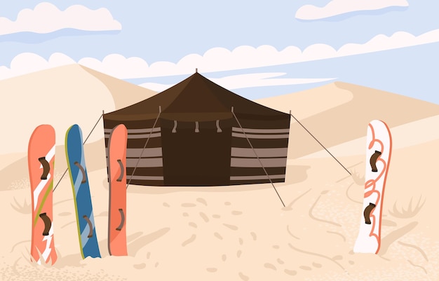 Лагерь для сэндбординга в пустыне Палатка и доски для катания на лыжах по дюнам Векторная иллюстрация Активный спорт в жарких странах