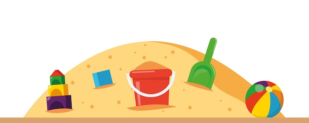 Sandbox with pile of sand and children toys in flat style