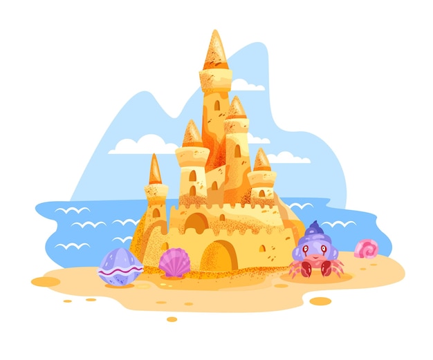 Fumetto della spiaggia di estate dell'illustrazione di sandcastle isolato