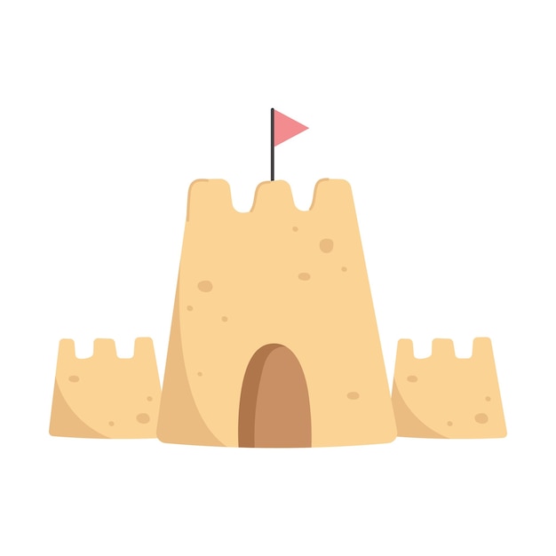 Sandcastle and little red flag in flat style isolated on white background Vector illustration