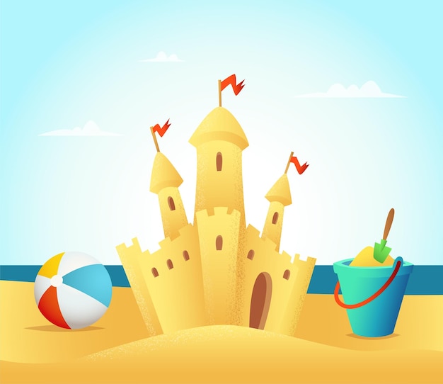 Vettore castello di sabbia accanto a una spada gonfiabile a strisce e un secchio di giocattoli sandbox sullo sfondo del mare e del cielo