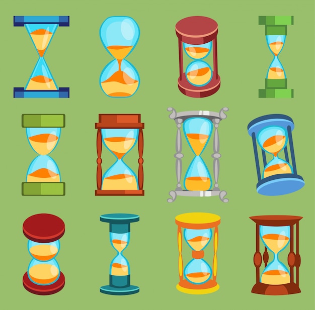 Sandglass guarda set di icone di strumenti di vetro del tempo, tempo clessidra orologio di sabbia design piatto storia secondo oggetto vecchio illustrazione orologi di sabbia clessidra timer ora minuto orologio conto alla rovescia