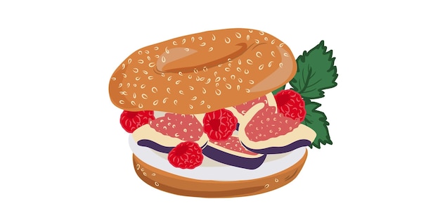 Сэндвич-бублик на белом фоне со сливочным сыром, инжиром, малиной и мятой.