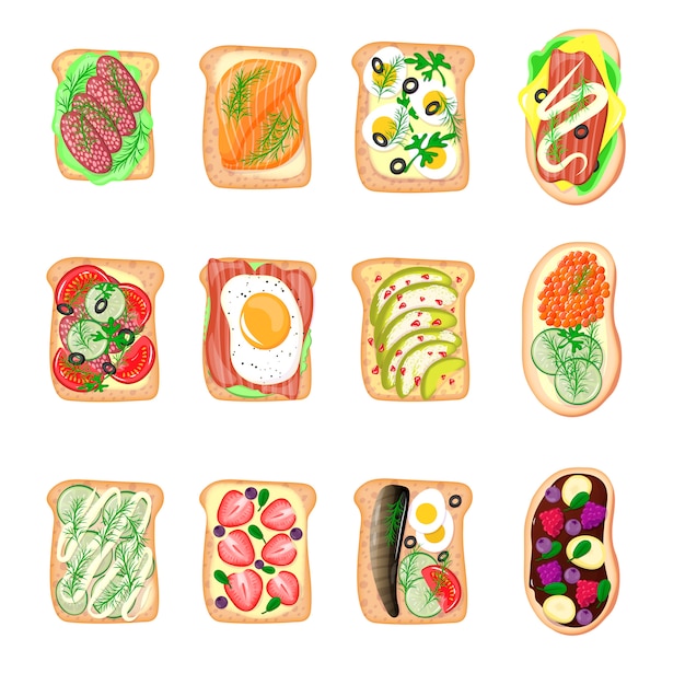 Sandwich breakfast toast set bread slices toasted crust sandwich with butter fried flat cartoon sandwich meat, fish, egg and butter illustration