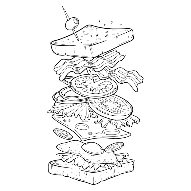 Sandwich constructor Flying ingredients with big chiabatta bun Hand drawn sketch style vector illustration Fast and street food drawing Ham cheese tomato onion and lettuce