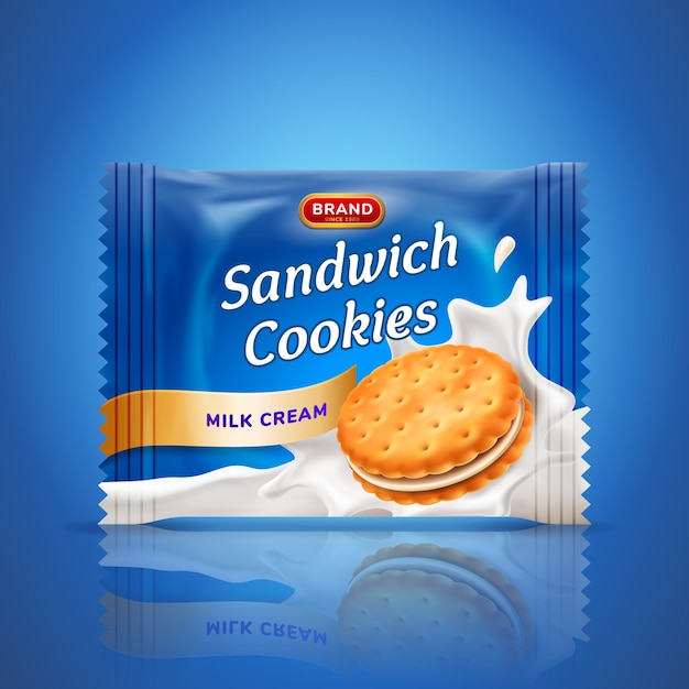 Sandwich cookies or cracker package design. easy used template isolated on blue background. food and sweets, baking and cooking theme. realistic 3d illustration.