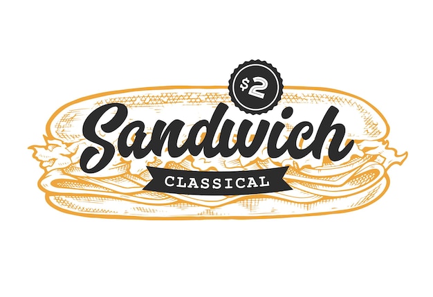 Vector sandwich embleem. logo sjabloon met zwarte letters en gele sandwich schets.