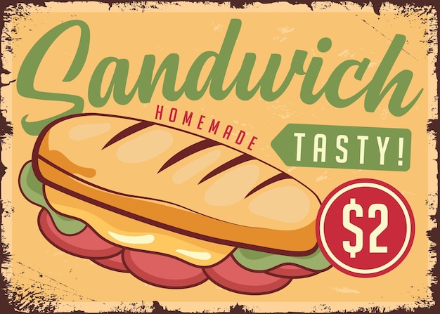 Vector sandwich food retro tin sign vector template