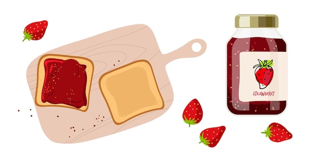 Vector sandwich met aardbeienjam op de snijplank confiture verspreiden op stuk toast brood glazen pot met jelly verse rode bessen geïsoleerd op witte achtergrond vector voor menu café restaurant