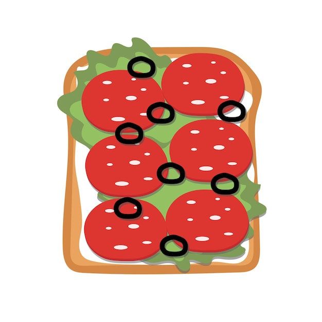 Sandwich met salami, sla en olijven. Geroosterd brood vectorillustratie in vlakke stijl.