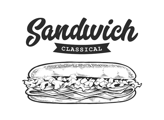 Emblema retrò panino. modello di logo con lettere in bianco e nero e schizzo a sandwich.