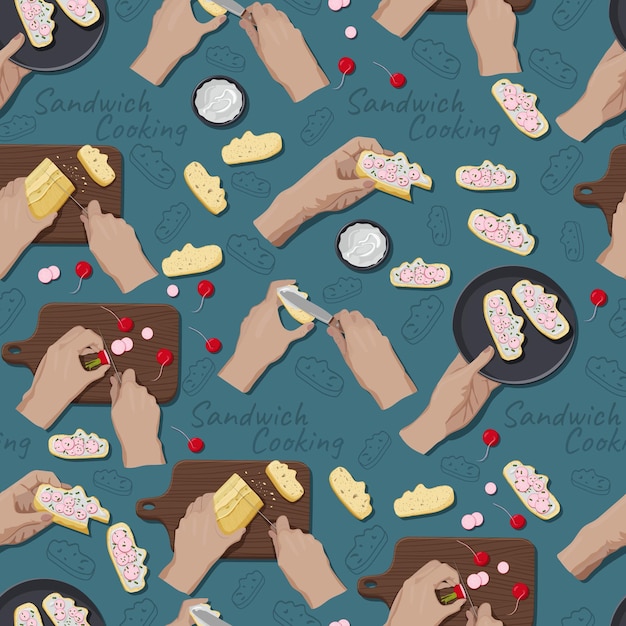 Sandwich seamless pattern with cooking hands POV