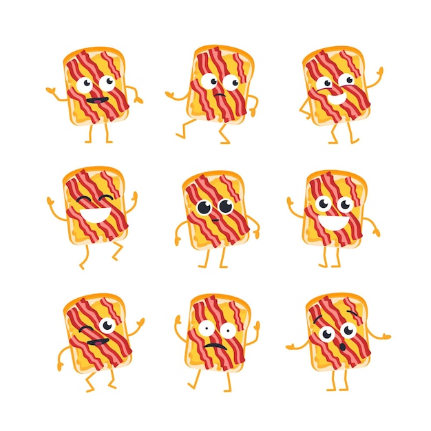 Sandwich stripfiguur - moderne vector sjabloon set mascotte illustraties. - dansen, lachen, plezier maken. emoticons, emoties, verrassing, knipperen