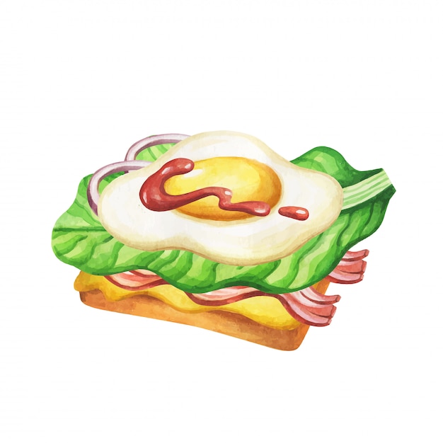 サンドイッチの水彩画。水彩イラストのファーストフードの食事。