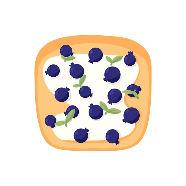 코티지 치즈와 블루베리를 곁들인 샌드위치 블루베리 토스트 채식 음식 벡터 삽화 만화 스타일의 건강한 아침 식사