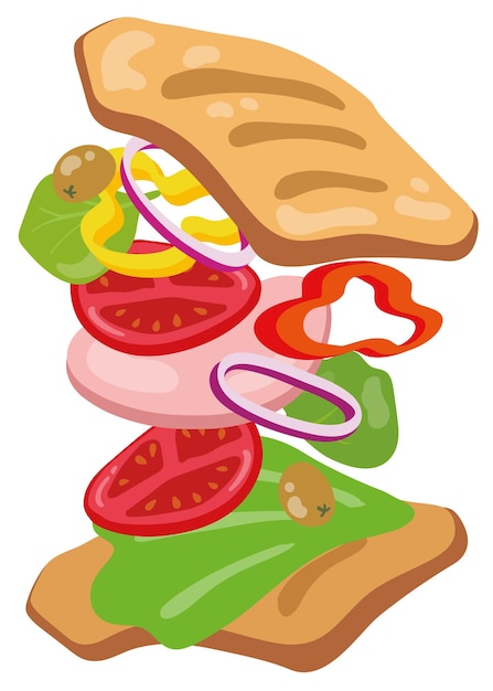 Vector sandwich with flying ingredients. tomato, pepper, onion, lettuce, olives, sausage.