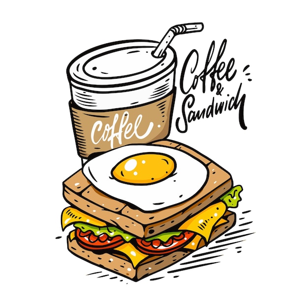 Sandwich with fried egg and coffee to go hand drawn colorful vector illustration isolated on white