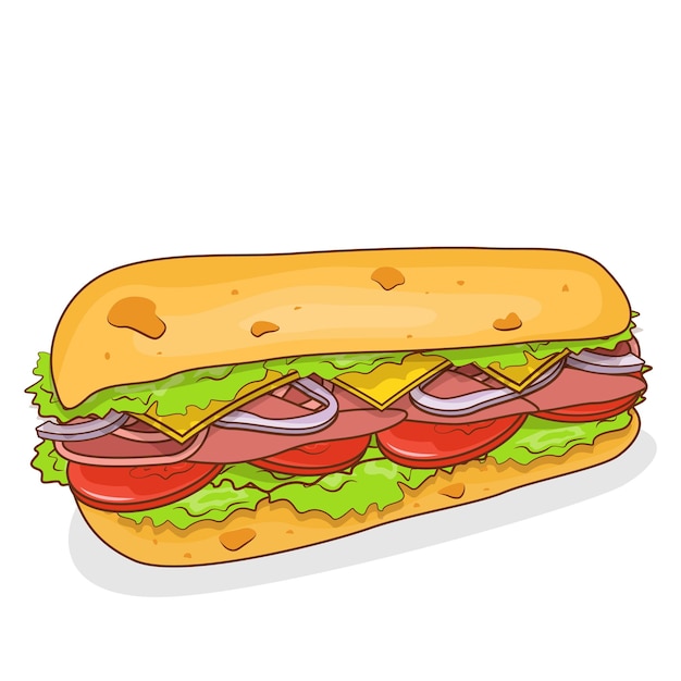 Sandwich with ham cheese tomatos and onions Vector flat illustration