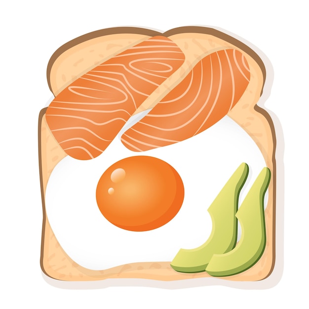 Sandwich with white toast bread fried egg salmon and avocado pieces Vector illustration of a healthy breakfast for poster advertisement menu web Healthy lifestyle