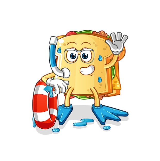 Sandwich zwemmer met boei mascotte. cartoon vector