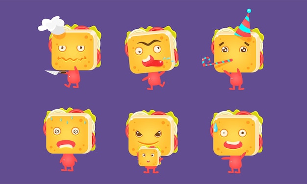 Vector sandwiches set food characters with funny faces and different emotions vector illustration