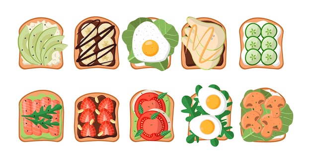 Set di illustrazioni vettoriali per panini con ingredienti diversi. fette di pane con avocado e salmone, toast con pomodori, uova, banane con pasta di cioccolato. cibo, concetto di stile di vita sano