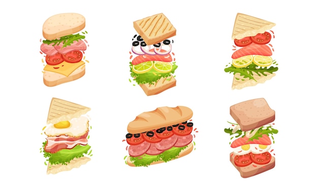 Sandwiches with Multiple Layers Isolated on White Background Vector Set