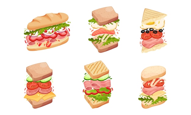 Sandwiches with Multiple Layers Isolated on White Background Vector Set