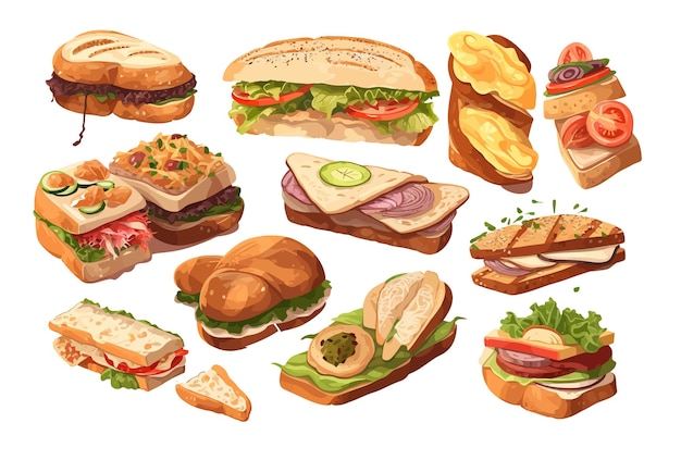 ベクトル 野菜の肉の詰め物とサンドイッチ セット分離した白い背景ベクトル漫画イラスト