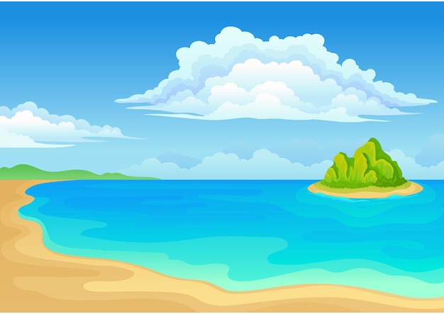 Вектор Песчаный пляж и море с небольшим зеленым островом. векторная иллюстрация на белом фоне.