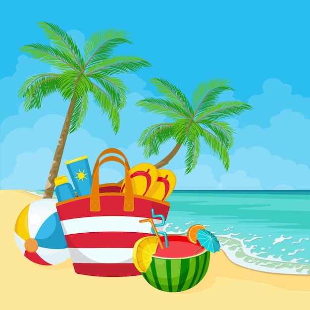 Sandy beach with palm trees Beach bag