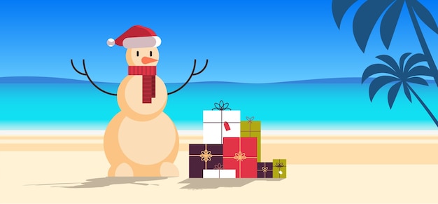 Vector sandy christmas snowman with gift present boxes happy new year vacation holiday celebration concept tropical beach seascape background full length flat   tion
