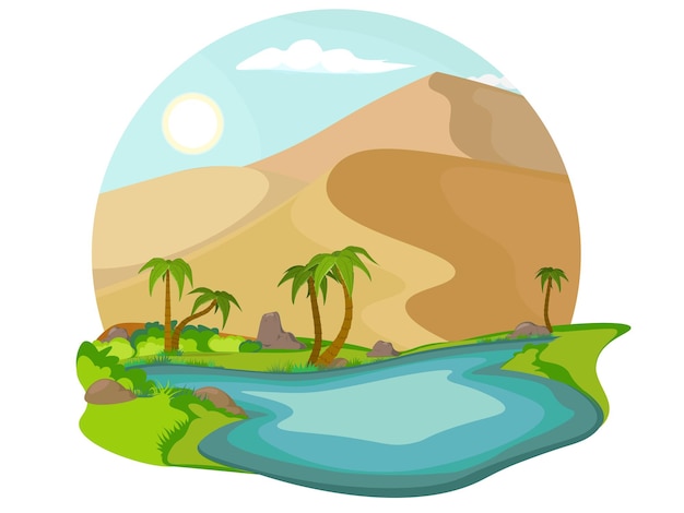 Vector sandy landscape with blue lake and palm tree. oasis in the desert.