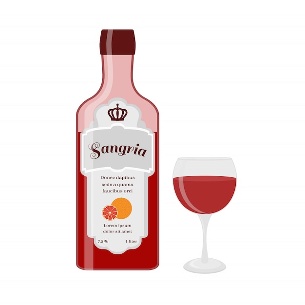 Vector sangria bottle with glass. spanish wine with orange, lemon, berries