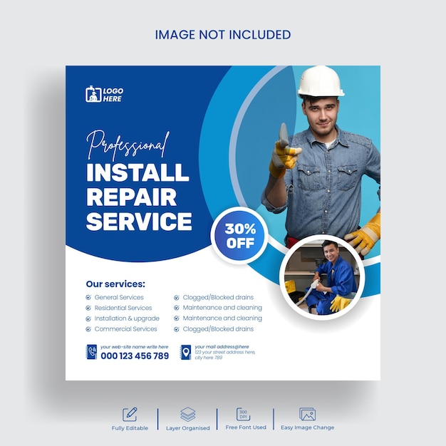 Sanitair Reparatieservice Instagram post en facebook banner sjabloonontwerp