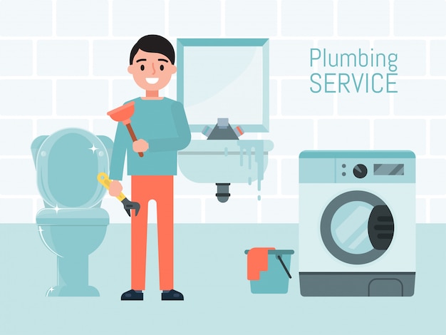 Sanitair service concept, karakter mannelijke werknemer illustratie. Wasmachine reparatie, toilet en wastafel. Onderhoud watervoorziening.