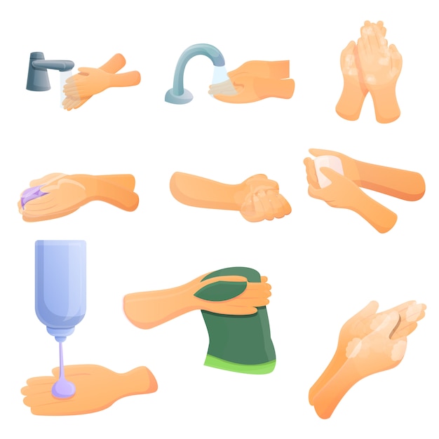 Sanitation hands set, cartoon style